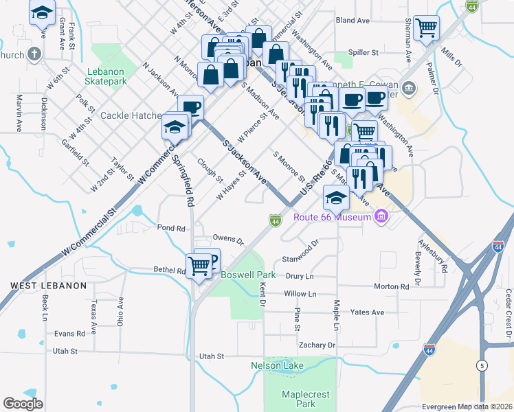 map of restaurants, bars, coffee shops, grocery stores, and more near 410 Perry Street in Lebanon