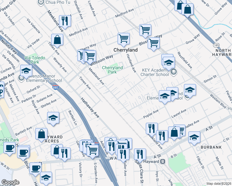 map of restaurants, bars, coffee shops, grocery stores, and more near 21564 Meekland Avenue in Hayward