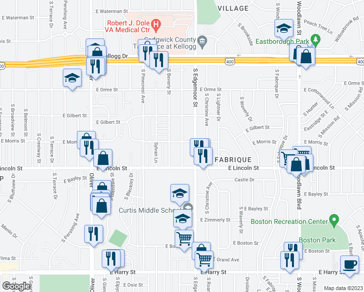 map of restaurants, bars, coffee shops, grocery stores, and more near 808 South Marcilene Terrace in Wichita