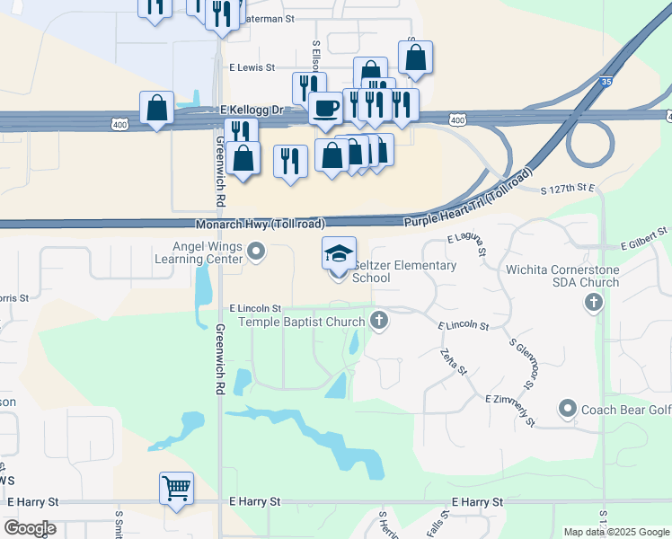 map of restaurants, bars, coffee shops, grocery stores, and more near 11660 East Lincoln Street in Wichita