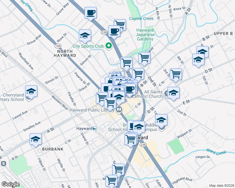 map of restaurants, bars, coffee shops, grocery stores, and more near 22519 Main Street in Hayward
