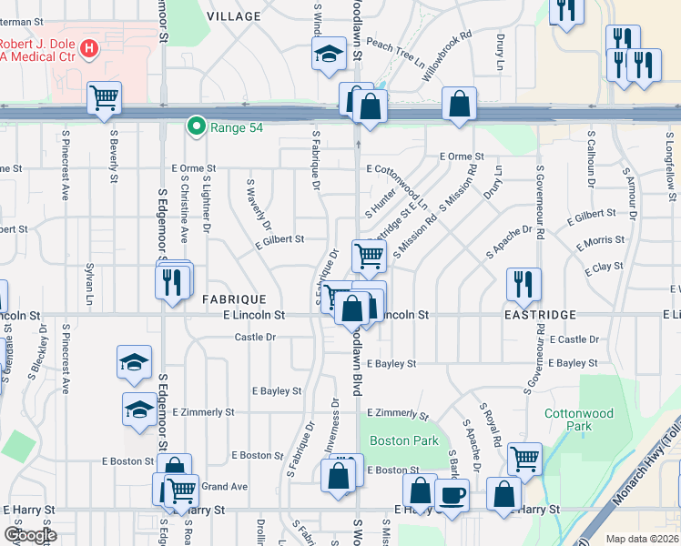 map of restaurants, bars, coffee shops, grocery stores, and more near 802 Fabrique Street in Wichita