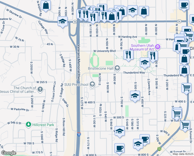 map of restaurants, bars, coffee shops, grocery stores, and more near 227 South 1025 West in Cedar City