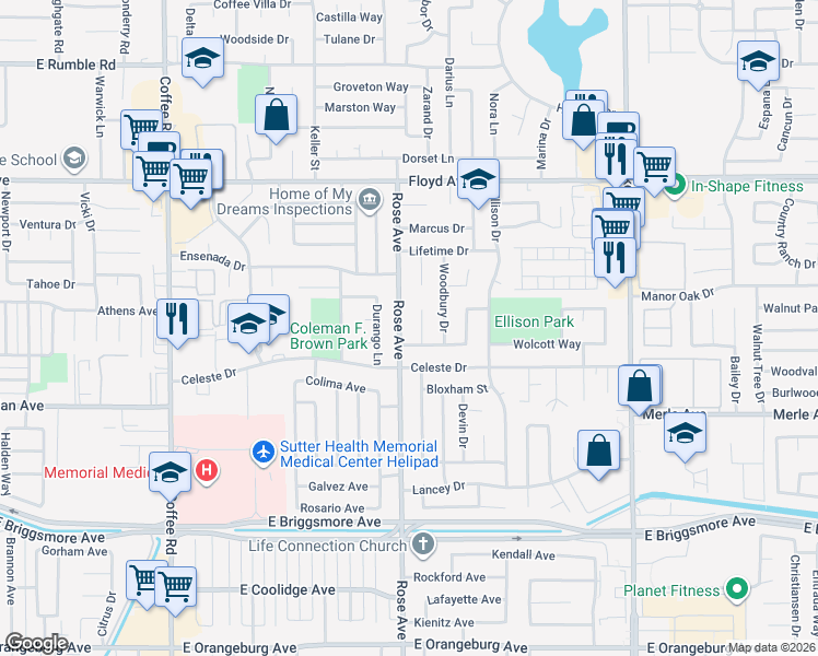 map of restaurants, bars, coffee shops, grocery stores, and more near 2109 Winslow Court in Modesto