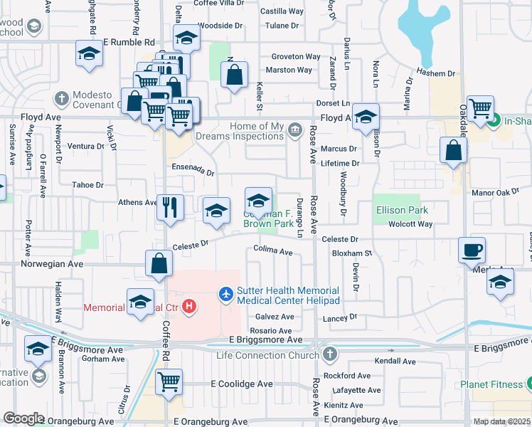 map of restaurants, bars, coffee shops, grocery stores, and more near 2108 Presidio Avenue in Modesto