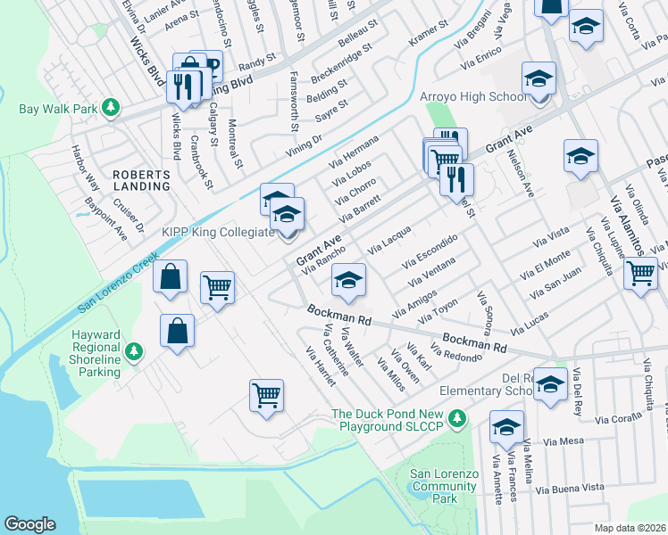 map of restaurants, bars, coffee shops, grocery stores, and more near 1870 Vía Rancho in San Lorenzo
