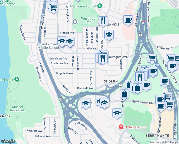 map of restaurants, bars, coffee shops, grocery stores, and more near 28 Belhaven Avenue in Daly City