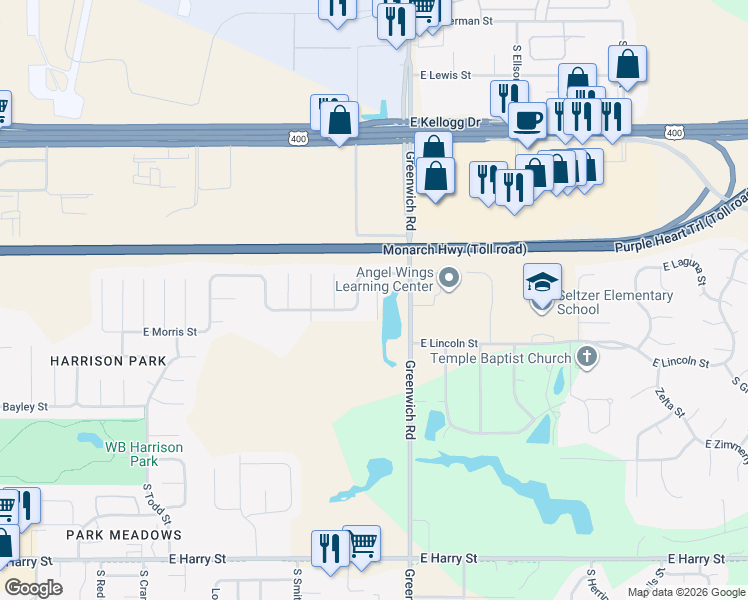 map of restaurants, bars, coffee shops, grocery stores, and more near 712 Deer Haven Court in Wichita