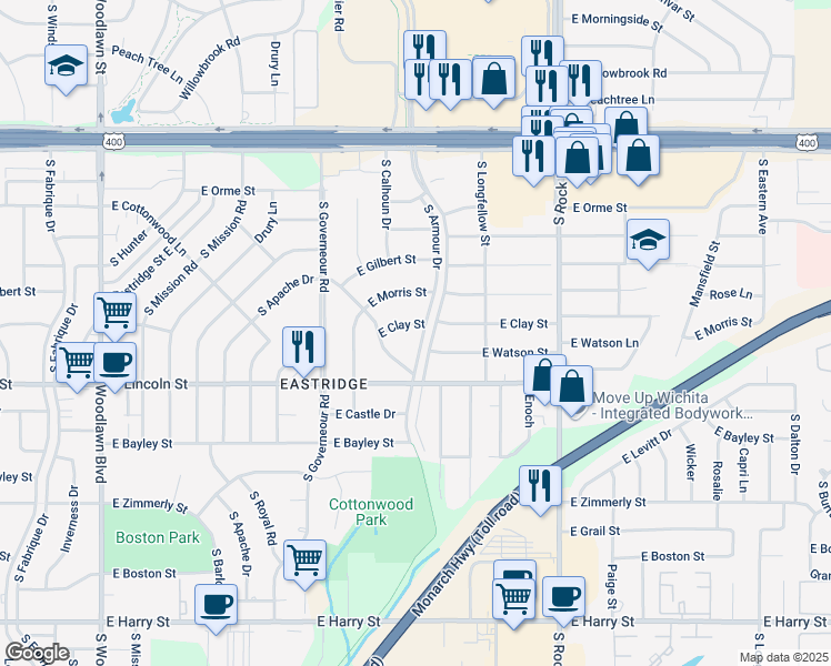 map of restaurants, bars, coffee shops, grocery stores, and more near 745 South Armour Street in Wichita