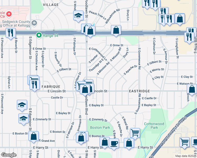 map of restaurants, bars, coffee shops, grocery stores, and more near 774 South Mission Road in Wichita