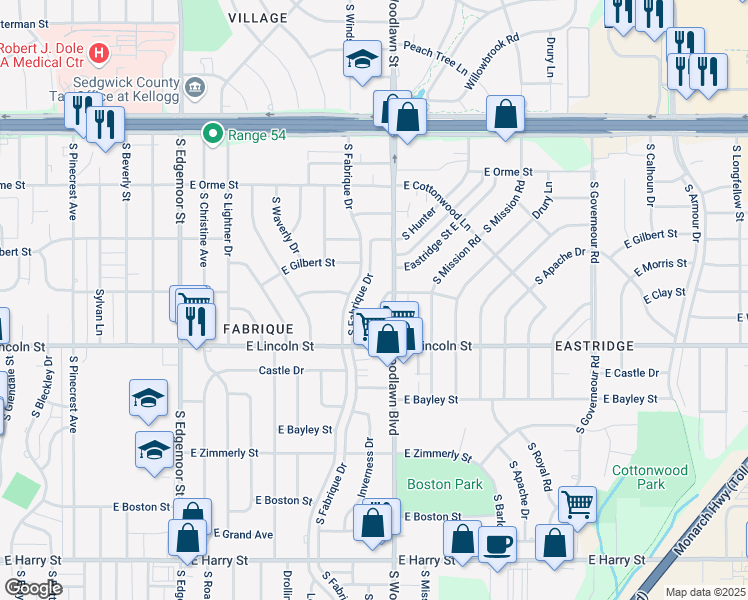 map of restaurants, bars, coffee shops, grocery stores, and more near 802 Fabrique Street in Wichita