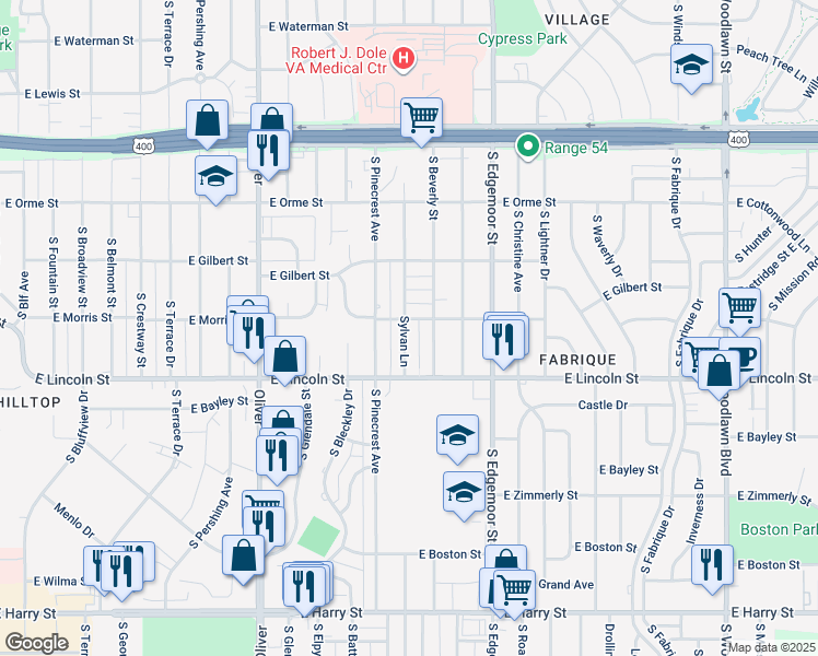 map of restaurants, bars, coffee shops, grocery stores, and more near 5218 East Morris Street in Wichita