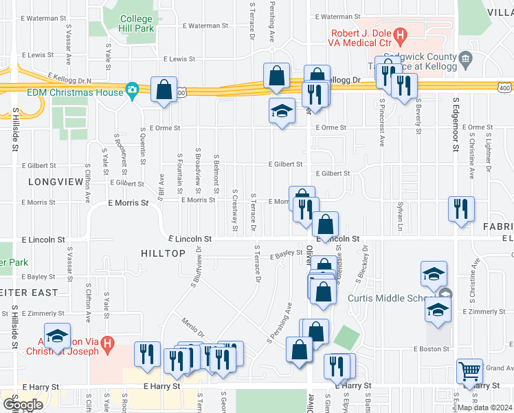 map of restaurants, bars, coffee shops, grocery stores, and more near 745 South Terrace Drive in Wichita