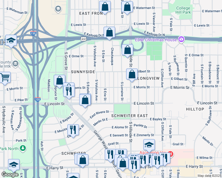 map of restaurants, bars, coffee shops, grocery stores, and more near 752 South Erie Street in Wichita