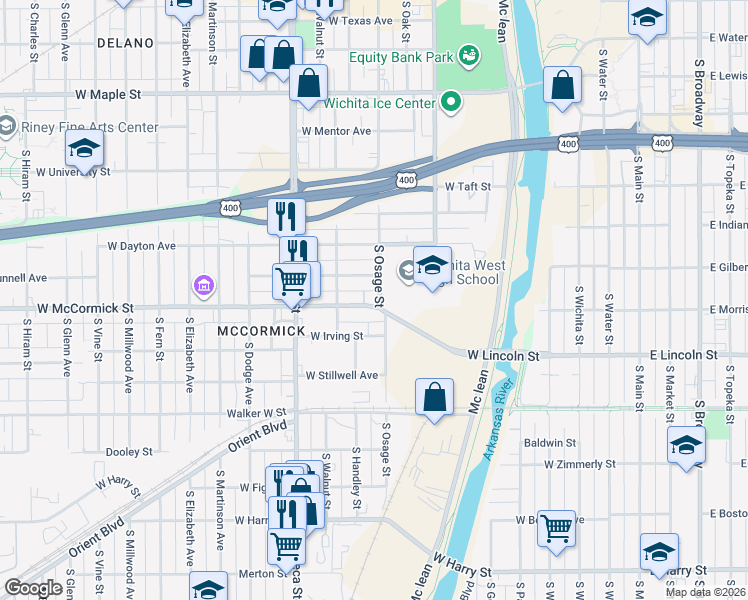 map of restaurants, bars, coffee shops, grocery stores, and more near 815 Munnell West Street in Wichita
