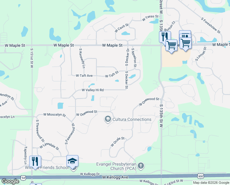 map of restaurants, bars, coffee shops, grocery stores, and more near 14126-14200 W Valley Hi Rd in Wichita