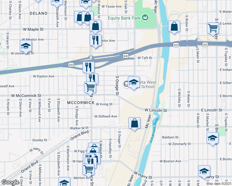 map of restaurants, bars, coffee shops, grocery stores, and more near 802 West McCormick Street in Wichita