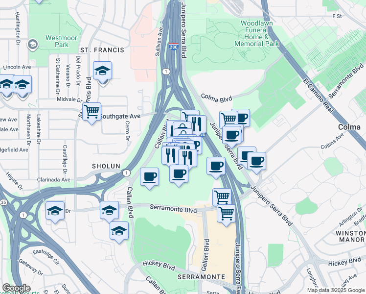 map of restaurants, bars, coffee shops, grocery stores, and more near 1 Serramonte Center in Daly City