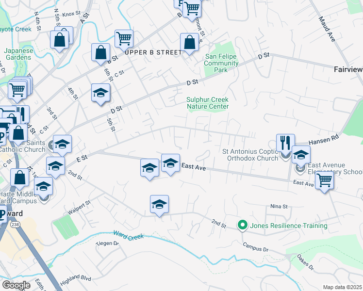 map of restaurants, bars, coffee shops, grocery stores, and more near 1769 Dover Place in Hayward