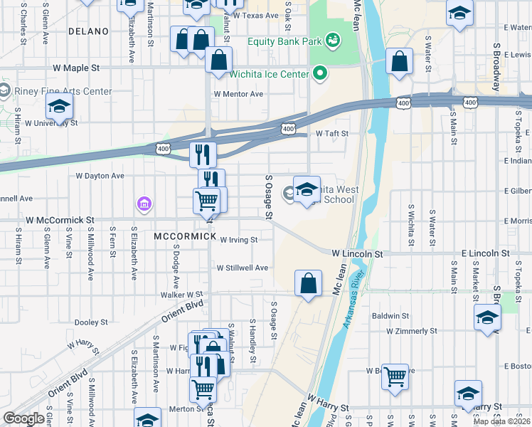 map of restaurants, bars, coffee shops, grocery stores, and more near 815 Munnell West Street in Wichita
