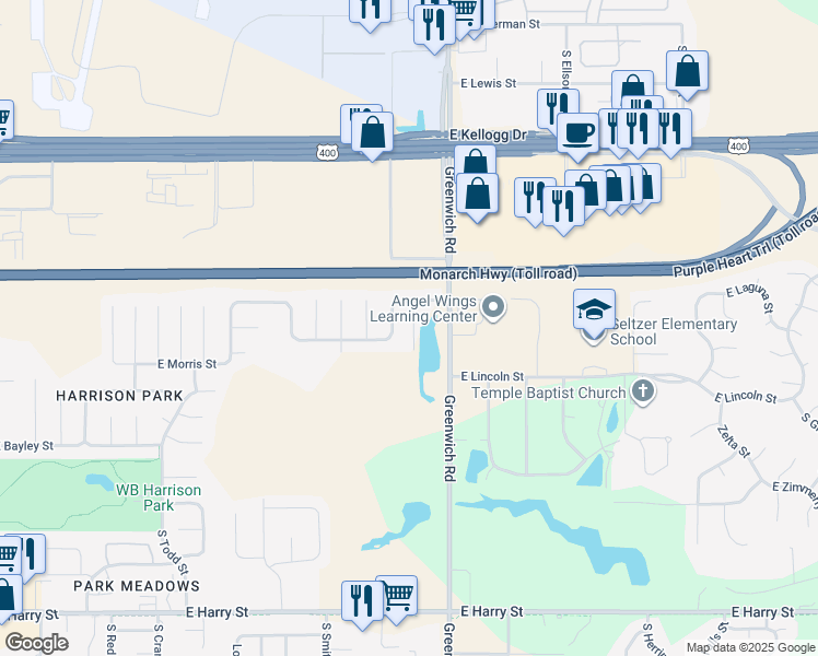 map of restaurants, bars, coffee shops, grocery stores, and more near 712 Deer Haven Court in Wichita