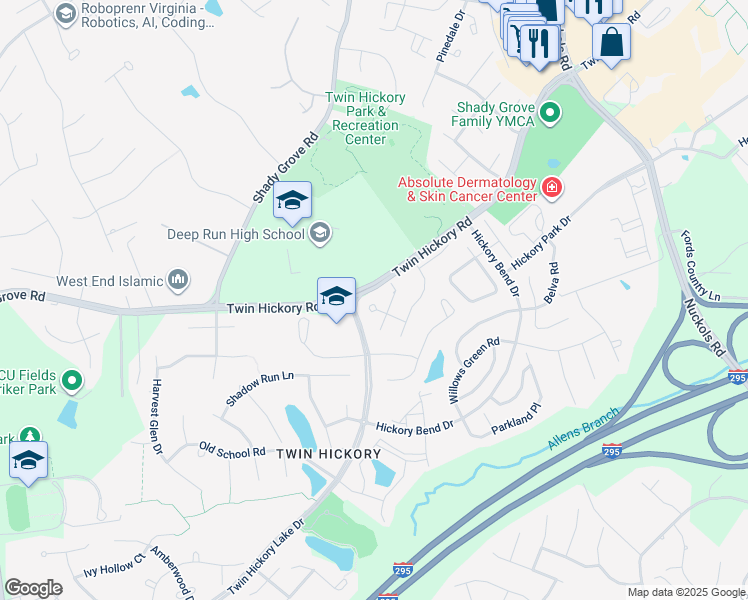 map of restaurants, bars, coffee shops, grocery stores, and more near 11504 Belmont Park Lane in Glen Allen