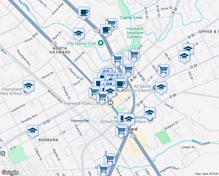 map of restaurants, bars, coffee shops, grocery stores, and more near 1015 A Street in Hayward