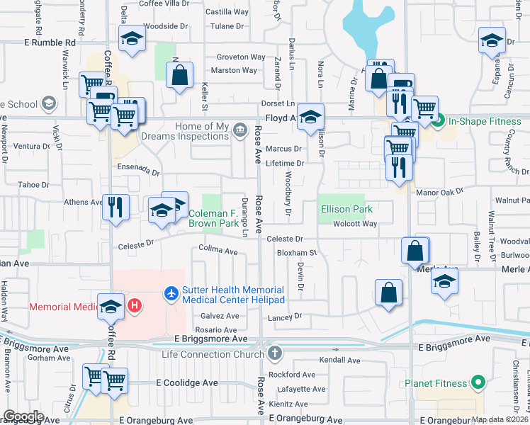 map of restaurants, bars, coffee shops, grocery stores, and more near 2109 Winslow Court in Modesto