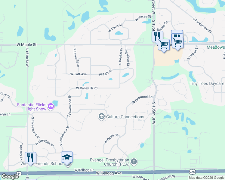 map of restaurants, bars, coffee shops, grocery stores, and more near 14126-14200 W Valley Hi Rd in Wichita