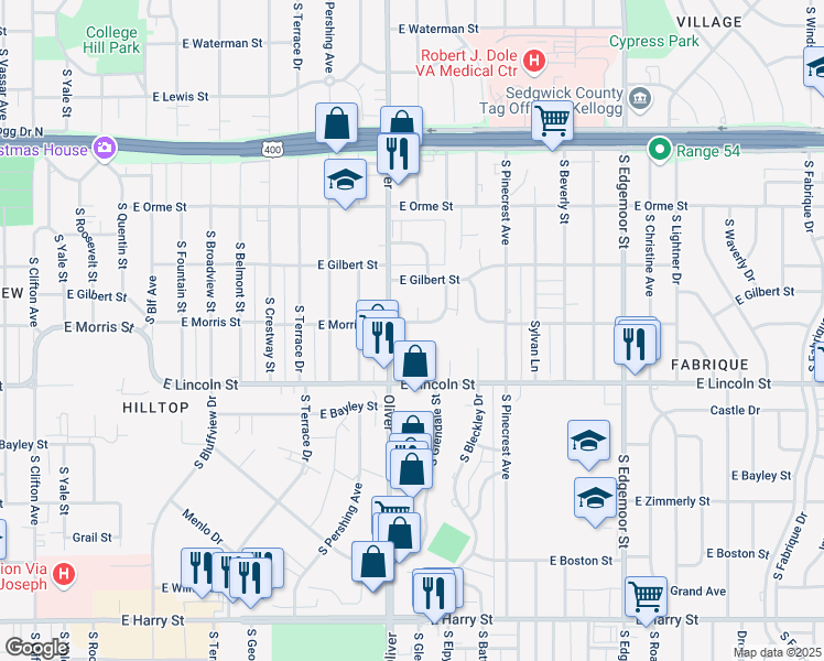 map of restaurants, bars, coffee shops, grocery stores, and more near 4820 East Morris Street in Wichita