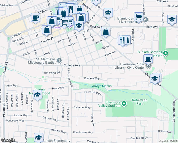 map of restaurants, bars, coffee shops, grocery stores, and more near 2215 Sherry Court in Livermore