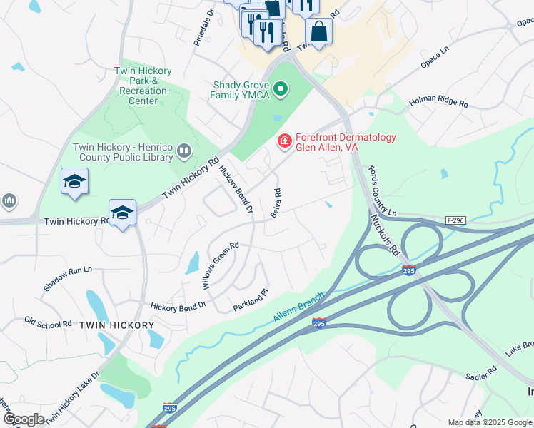 map of restaurants, bars, coffee shops, grocery stores, and more near 1005 Belva Court in Glen Allen
