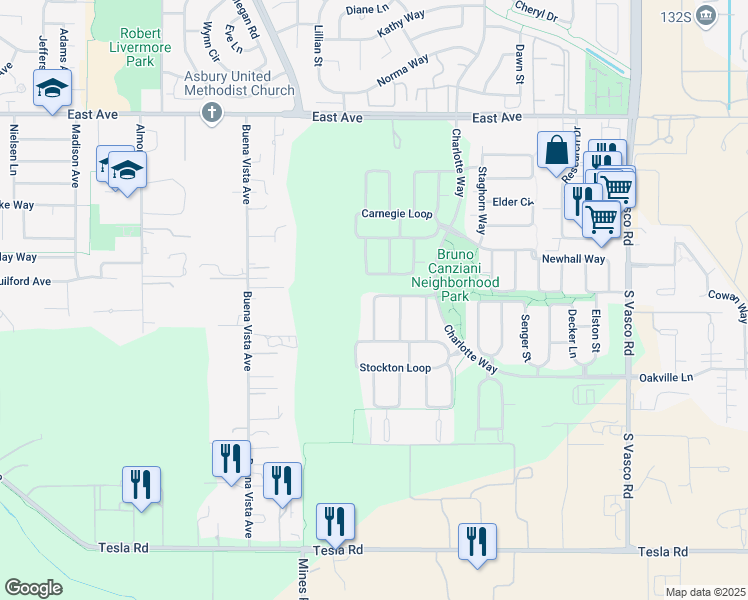 map of restaurants, bars, coffee shops, grocery stores, and more near Gabriella Lane in Livermore