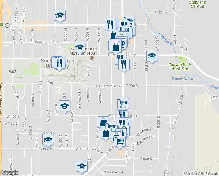 map of restaurants, bars, coffee shops, grocery stores, and more near 206 South 100 West in Cedar City
