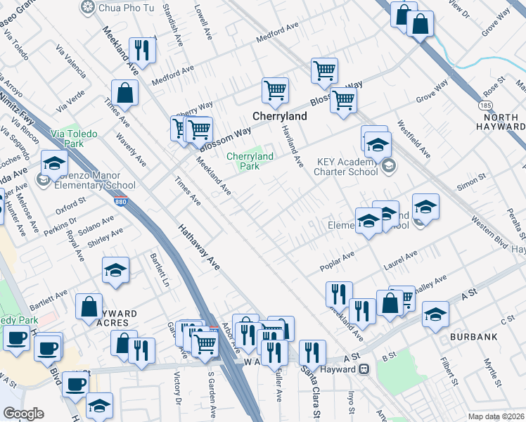 map of restaurants, bars, coffee shops, grocery stores, and more near 21564 Meekland Avenue in Hayward