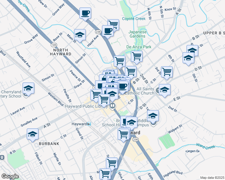 map of restaurants, bars, coffee shops, grocery stores, and more near 22519 Main Street in Hayward