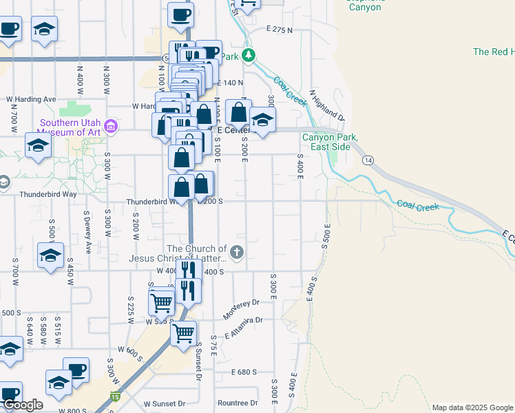 map of restaurants, bars, coffee shops, grocery stores, and more near 187 200 East Street in Cedar City