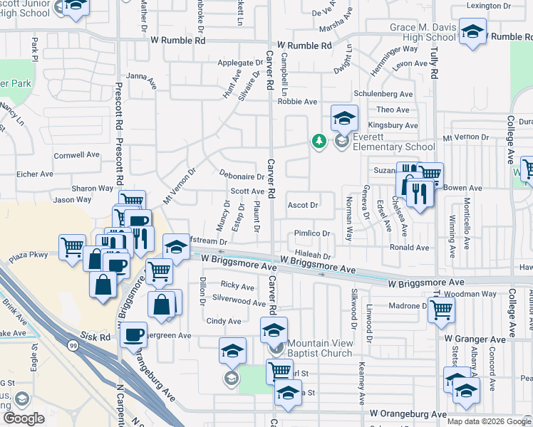 map of restaurants, bars, coffee shops, grocery stores, and more near 2022 Plaunt Drive in Modesto