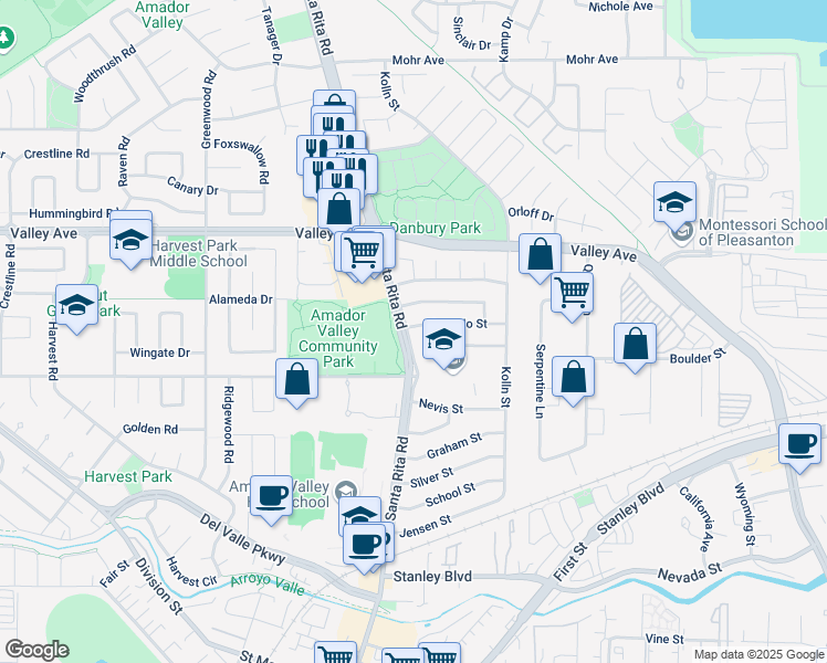 map of restaurants, bars, coffee shops, grocery stores, and more near 4163 Alvarado Street in Pleasanton