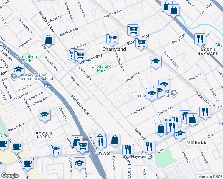 map of restaurants, bars, coffee shops, grocery stores, and more near 21640 Luke Lane in Hayward