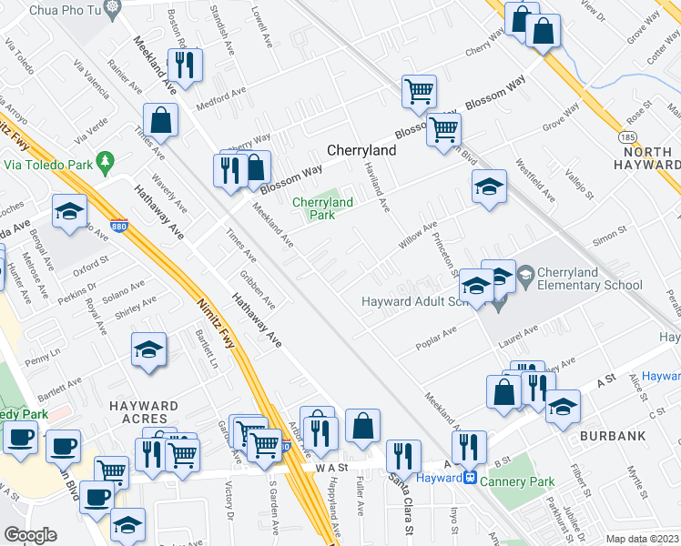 map of restaurants, bars, coffee shops, grocery stores, and more near 21452 Meekland Avenue in Hayward
