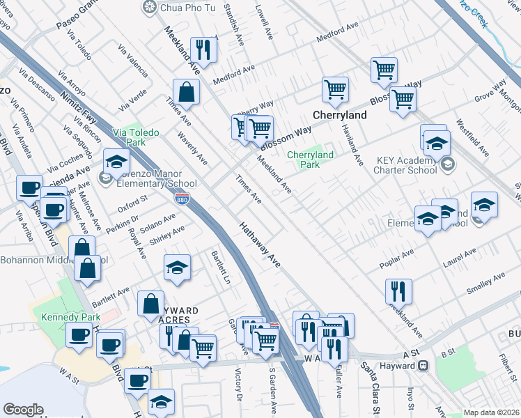 map of restaurants, bars, coffee shops, grocery stores, and more near 20830 Times Avenue in Hayward