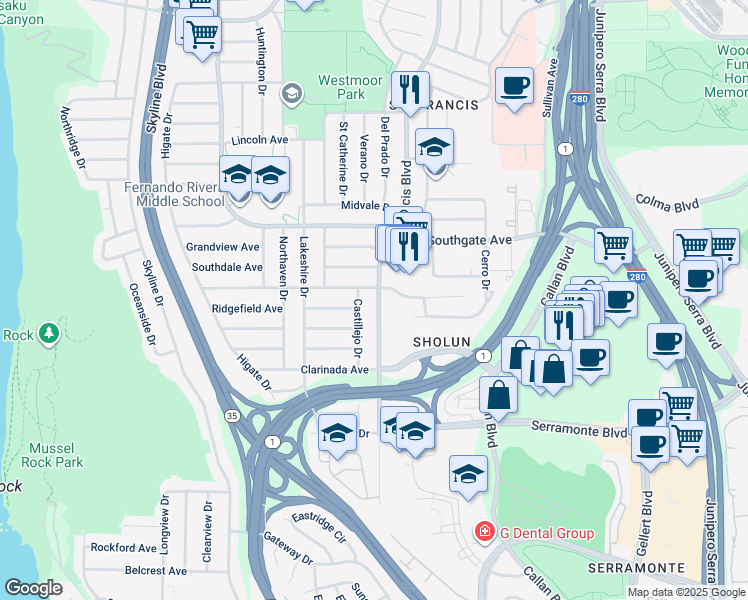 map of restaurants, bars, coffee shops, grocery stores, and more near 28 Belhaven Avenue in Daly City