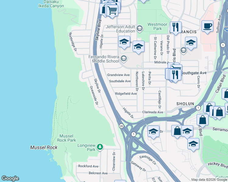 map of restaurants, bars, coffee shops, grocery stores, and more near 278 Belhaven Avenue in Daly City