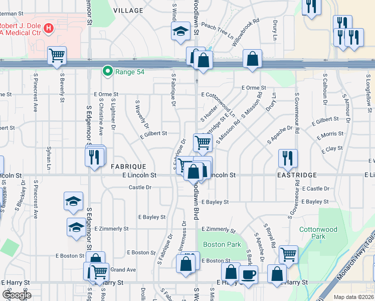 map of restaurants, bars, coffee shops, grocery stores, and more near 802 Fabrique Street in Wichita
