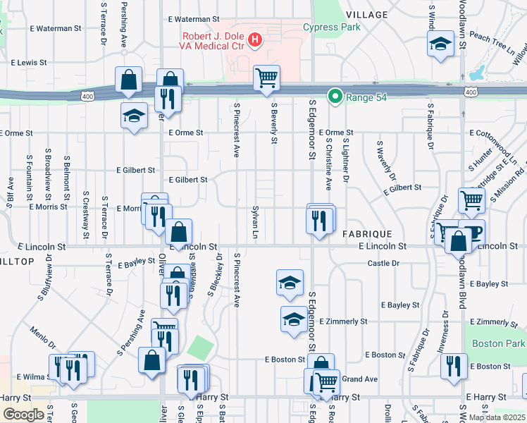 map of restaurants, bars, coffee shops, grocery stores, and more near 5218 East Morris Street in Wichita