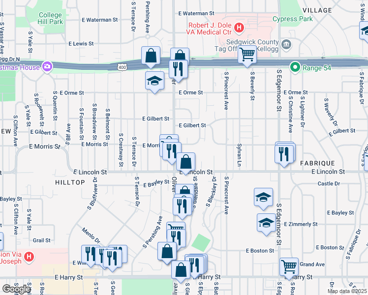map of restaurants, bars, coffee shops, grocery stores, and more near 4820 East Morris Street in Wichita