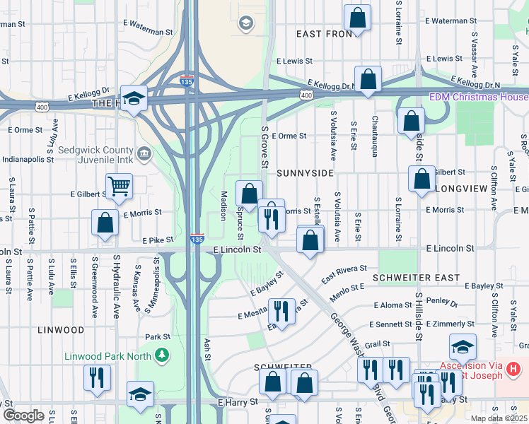map of restaurants, bars, coffee shops, grocery stores, and more near 611 South Grove in Wichita
