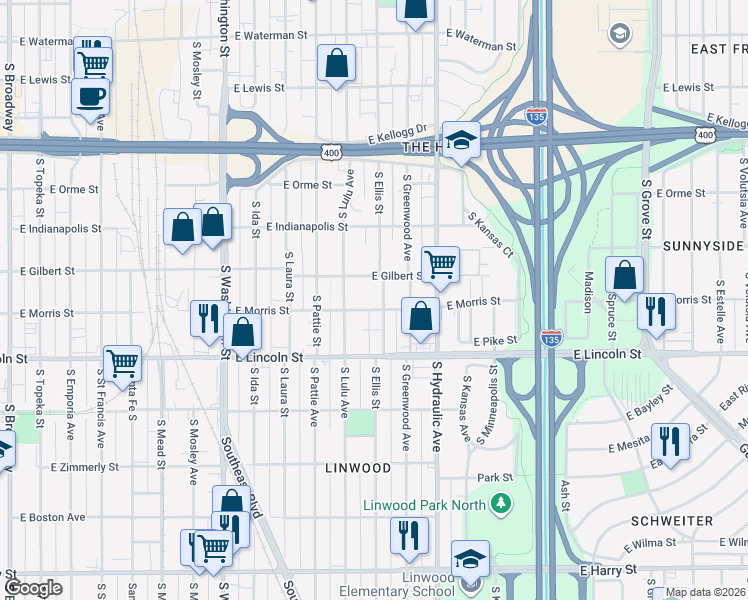 map of restaurants, bars, coffee shops, grocery stores, and more near 1011 Ellis South in Wichita