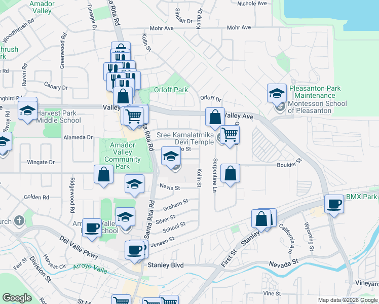 map of restaurants, bars, coffee shops, grocery stores, and more near 1330 Kolln Street in Pleasanton